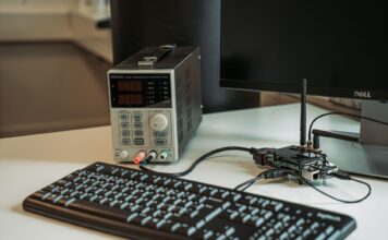 Nowoczesne biurko z komputerem, klawiaturą i sprzętem do programowania AI